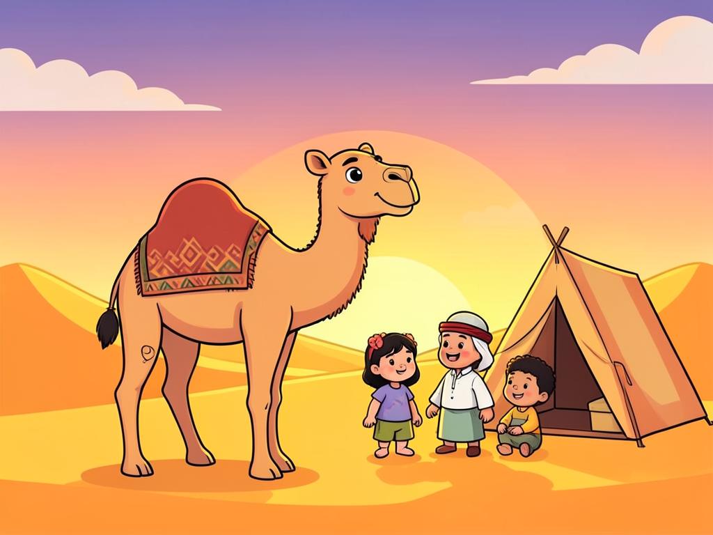 A camel in the desert at sunset with an Omani family and a tent