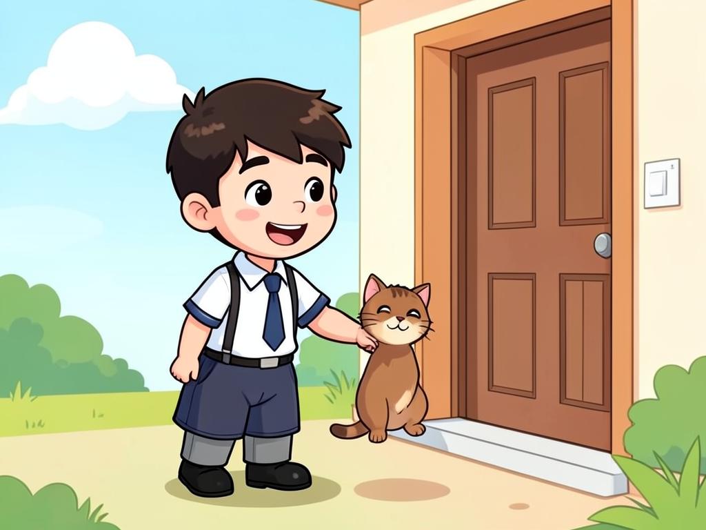 A boy in school uniform feeding a small brown cat by a door