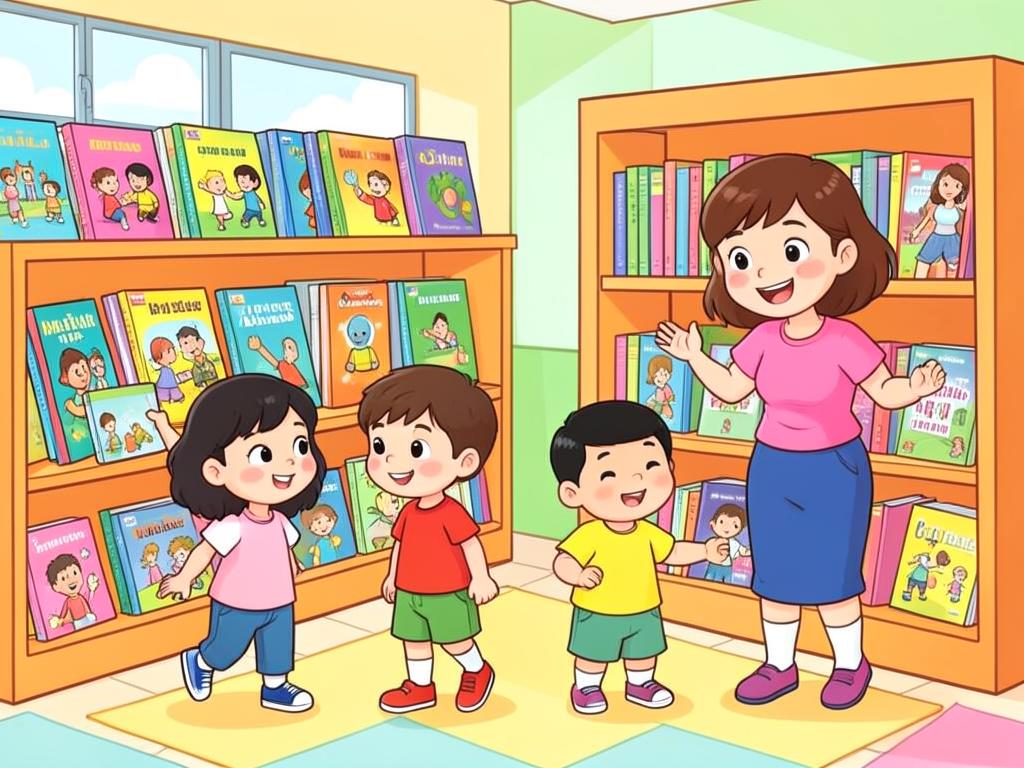 Children choosing books from bright shelves in a school library