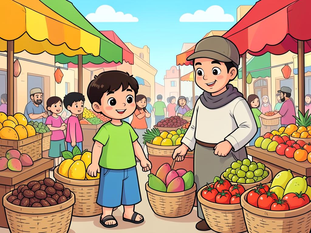 Two children buying fruit from a seller at a colourful market
