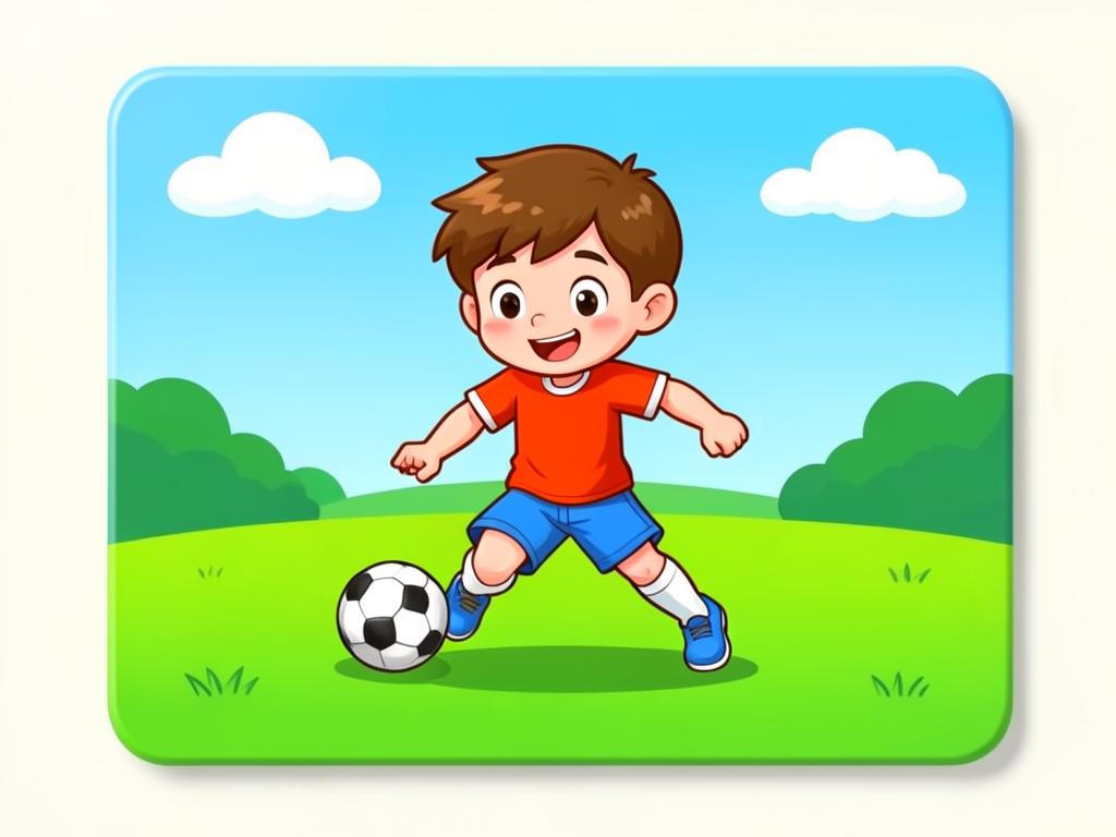 A boy playing football on a green field