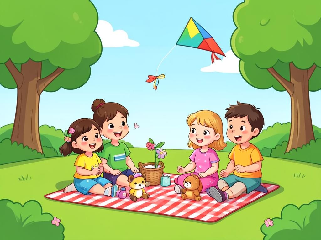 A family having a picnic in a green park with a kite