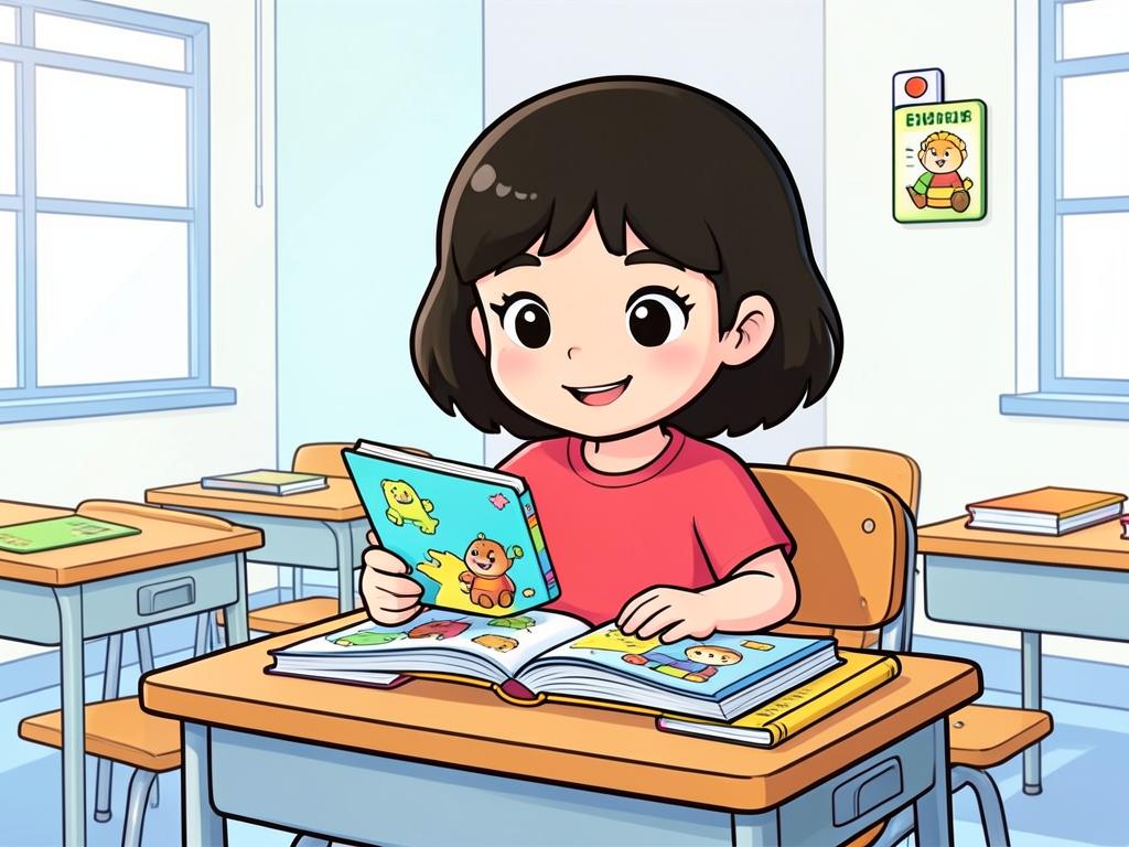 A girl reading a book at her school desk