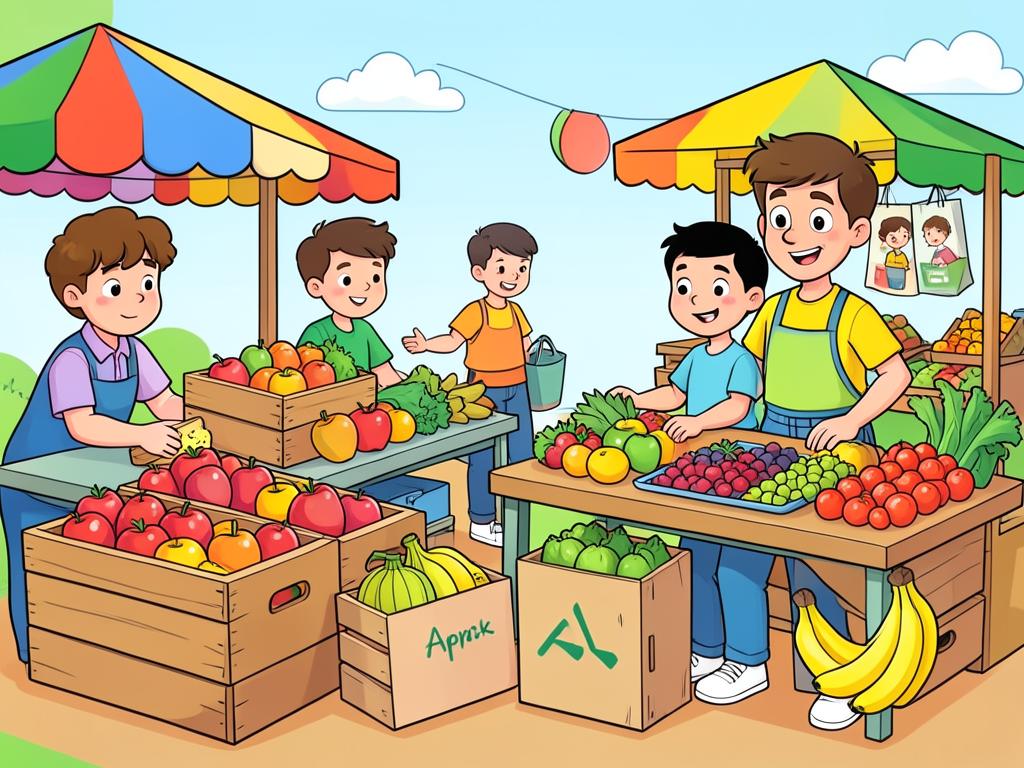 A busy market with a man selling fruit and vegetables