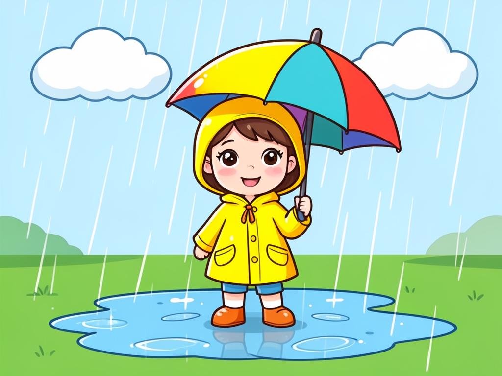 A girl in a yellow raincoat holding an umbrella in the rain