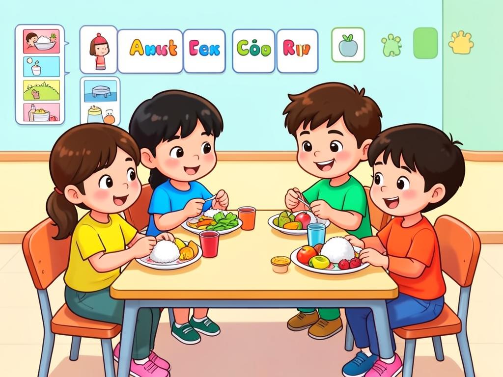 Children eating lunch together at a school table