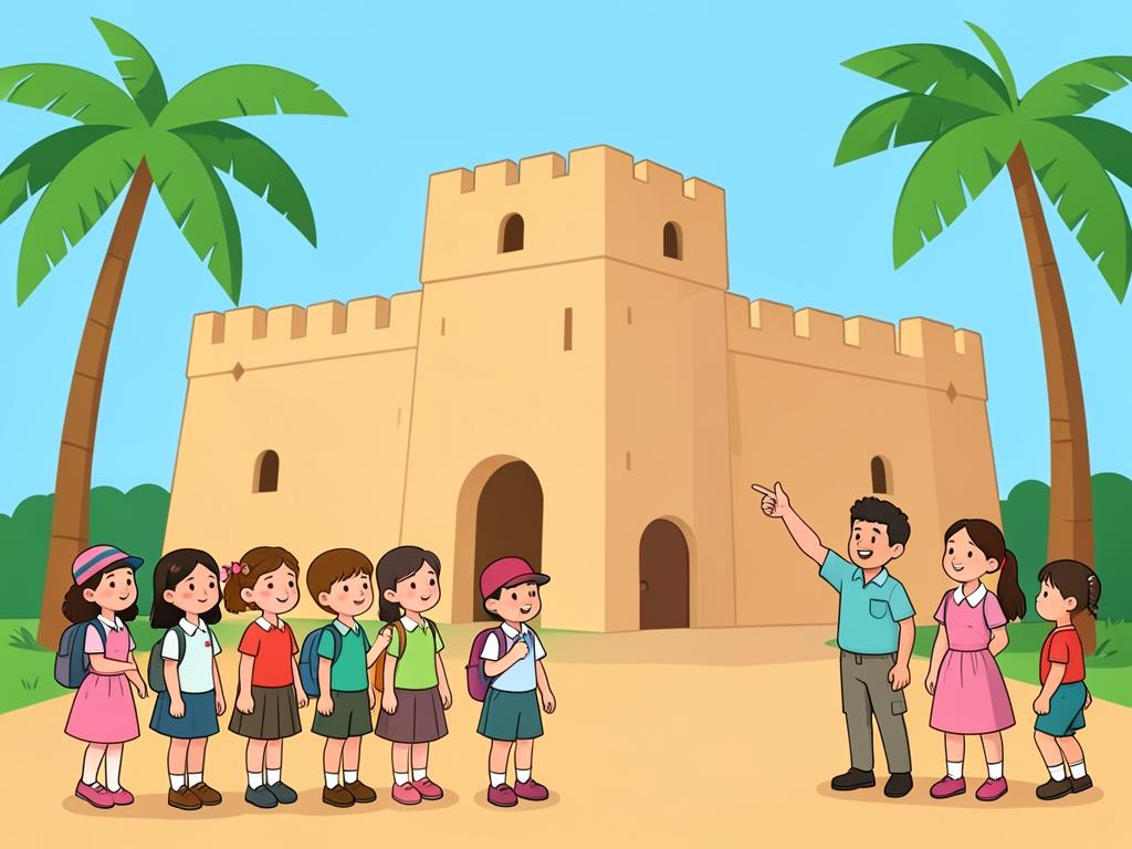 School children visiting an old fort with a guide and palm trees