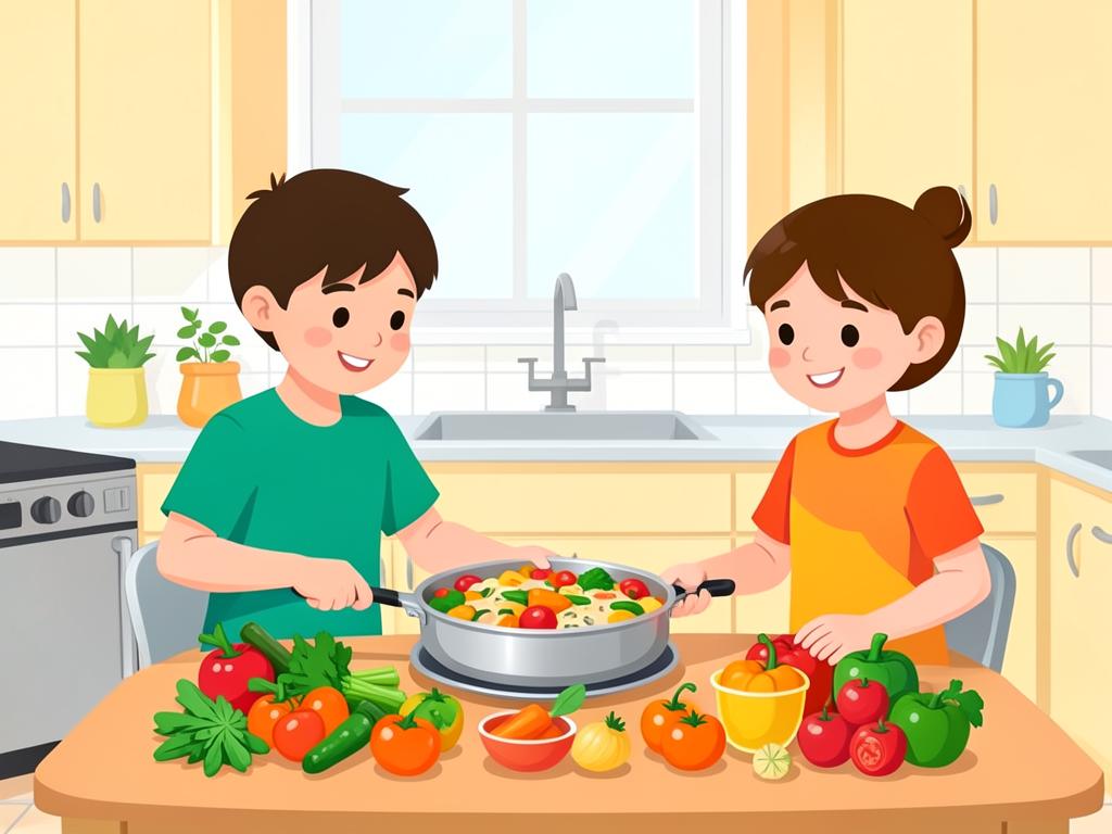 A brother and sister cooking a healthy vegetable meal in a kitchen