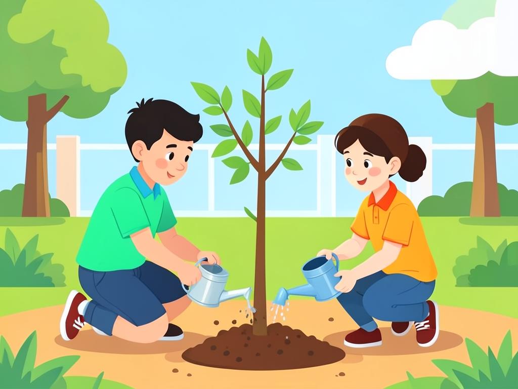 Two students planting a young tree in a sunny school garden