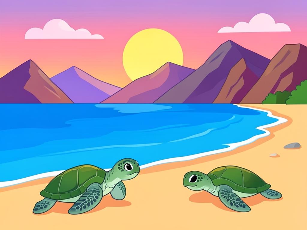 Sea turtles on a sandy beach at sunrise with blue sea and mountains