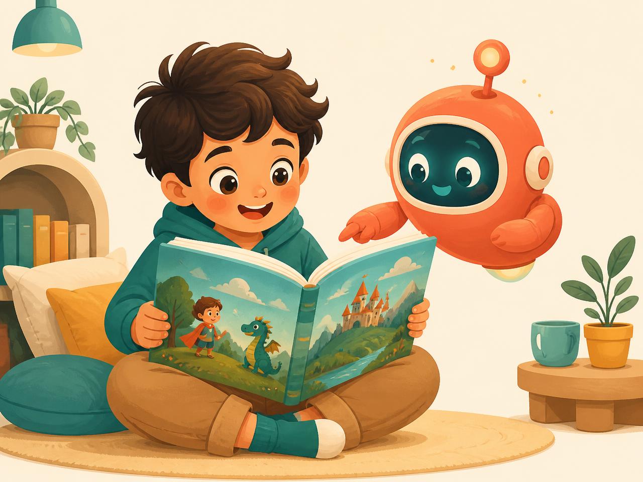 A young child reading an illustrated story with Phoniya AI, the friendly reading companion