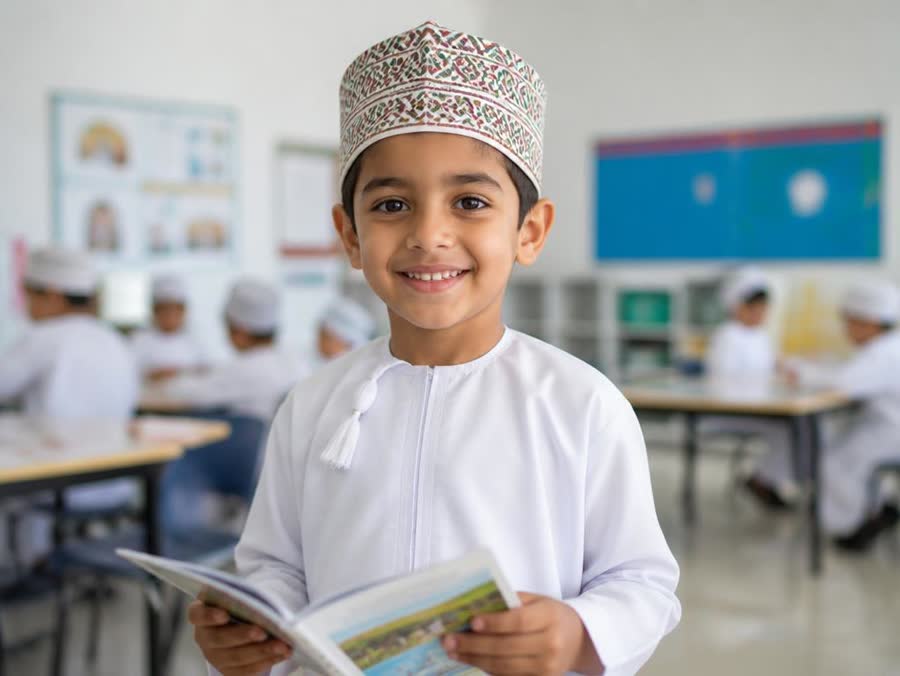A smiling Grade 1 Omani boy holding an English reading book