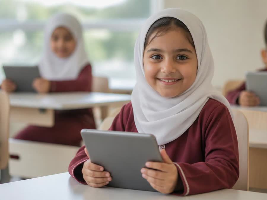 A smiling Grade 2 Omani girl holding a tablet