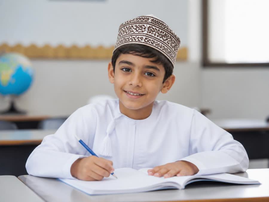 A Grade 3 Omani boy writing in his English notebook