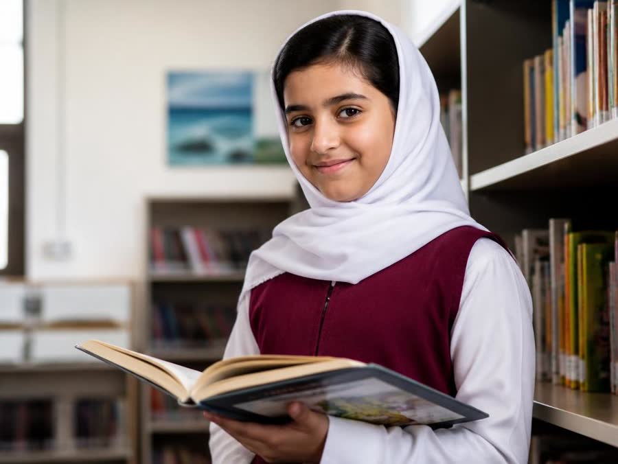 A Grade 4 Omani girl holding an open English book in the school library