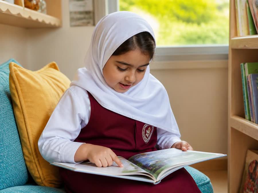 An Omani girl reading aloud from an English storybook in a reading corner