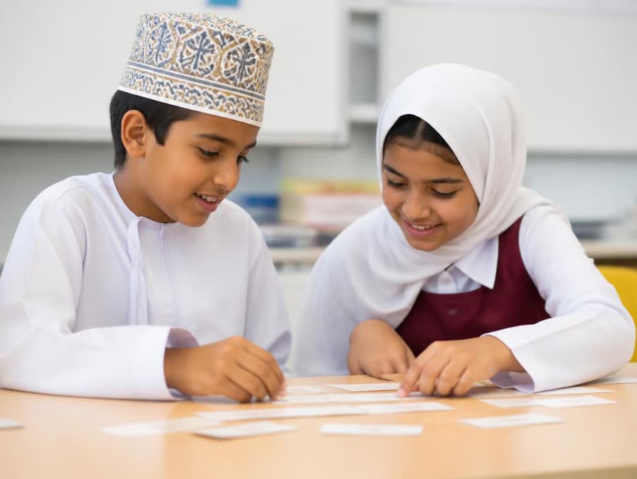 Two Omani students arranging word cards into an English sentence