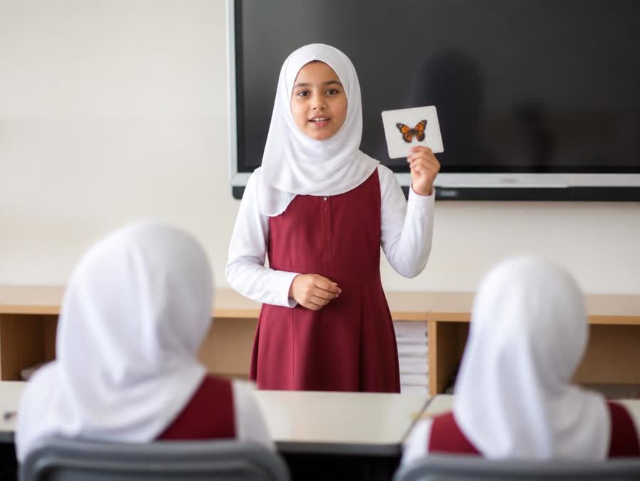An Omani girl holding up a word card and speaking English to her class