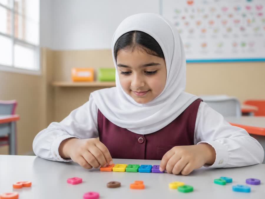 An Omani girl in a maroon school uniform building an English word with letter tiles